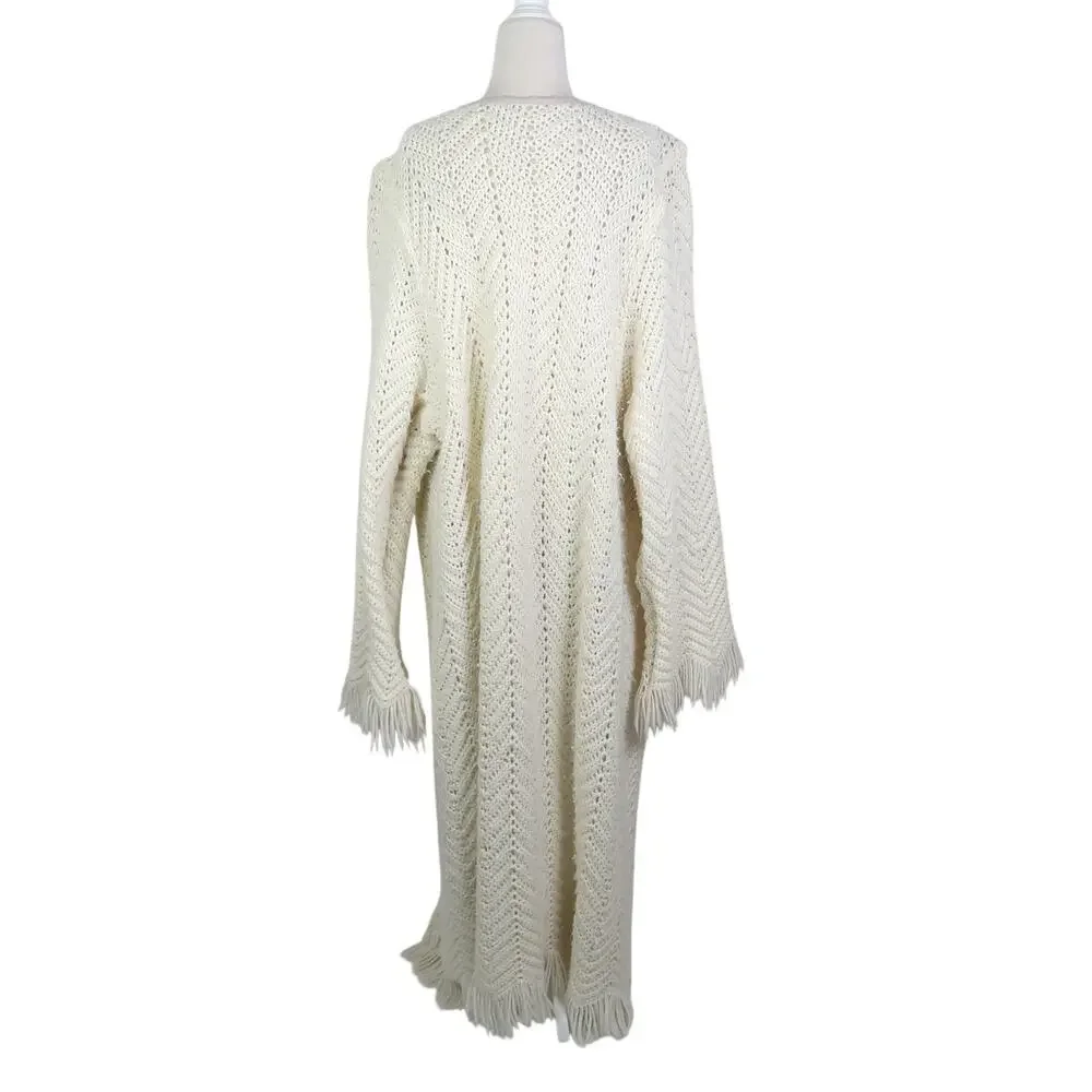 Vintage Cream Crochet Knit Blanket Coat Long Duster Cardigan Sweater L